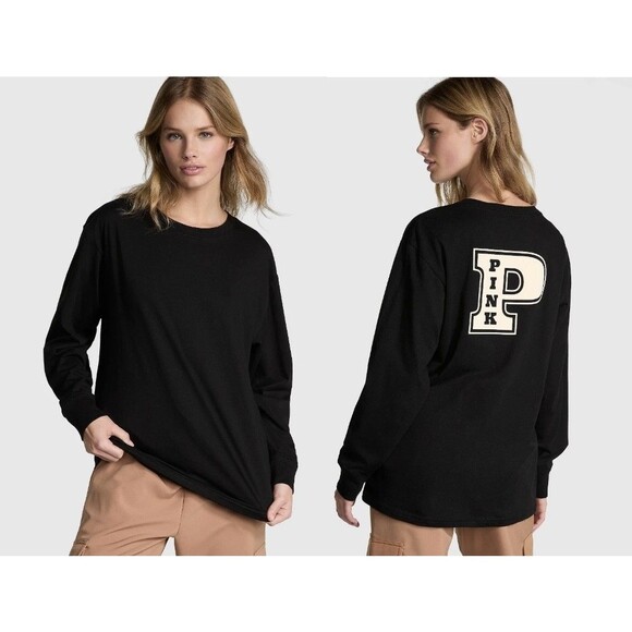 Victoria's Secret Pink Campus Cotton Long Sleeve Tee Color Black Size S OVERSIZE - Picture 1 of 7